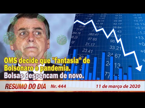 OMS decide que "fantasia" de Bolsonaro é pandemia. Bolsas despencam de novo. Resumo do Dia 444