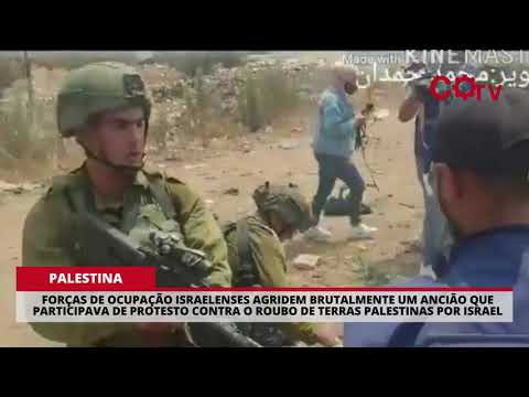 Soldado israelense espanca idoso palestino em protesto contra roubo de terras