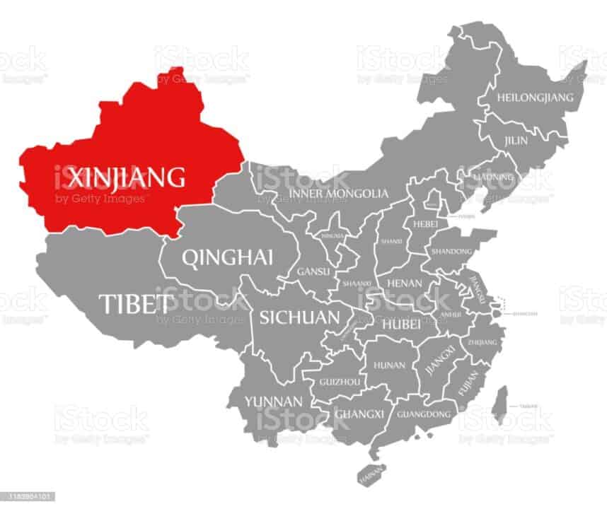 xinjiang red highlighted in map of china