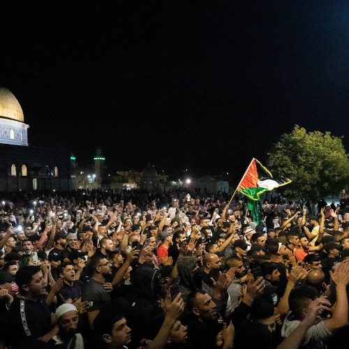 JERUSALEM - MAY 09: Palestinians stage a demonstration at Masjid Al Aqsa Compound against Israeli violations towards Palestinians after morning prayer in East Jerusalem on May 09, 2021. (Photo by Eyad Tawil/Anadolu Agency via Getty Images)