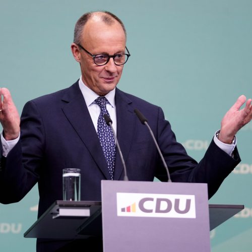 Friedrich Merz, leader of the Christian Democratic Union (CDU), speaks during a news conference at the headquarters of Christian Democratic Union (CDU) party in Berlin, Germany, Monday, Feb. 24, 2025. (AP Photo/Martin Meissner)