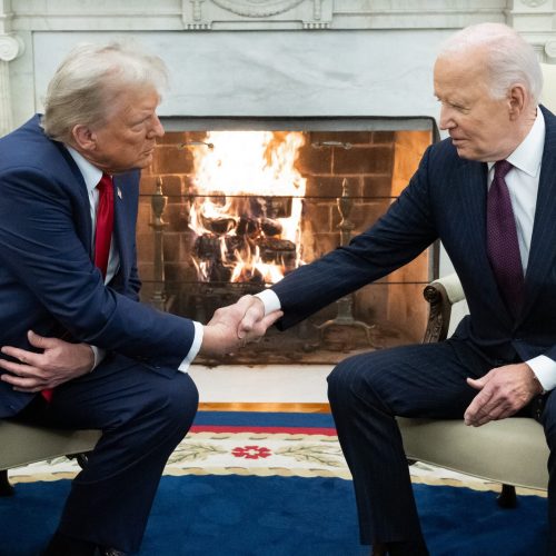 TOPSHOT - US President Joe Biden shakes hands with US President-elect Donald Trump during a meeting in the Oval Office of the White House in Washington, DC, on November 13, 2024. (Photo by SAUL LOEB / AFP) (Photo by SAUL LOEB/AFP via Getty Images)