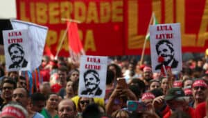 supporters of brazil's former president luiz inacio lula da silva demonstrate to demand lula's freedom on the one year anniversary of his arrest, in sao paulo