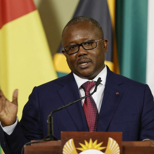 Guinea-Bissau President Umaro Sissoco Embalo conducts a press conference during his state visit to South Africa at the Union Buildings in Pretoria on April 28, 2022. (Photo by Phill Magakoe / AFP)