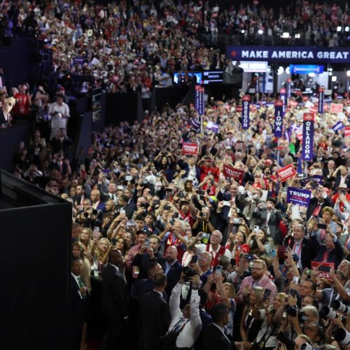 MILWAUKEE, WI JULY 16, 2024 -- Republican presidential candidate former President Donald Trump acknowledges the delegates during the Republican National Convention on Tuesday, July 16, 2024. (Robert Gauthier / Los Angeles Times)